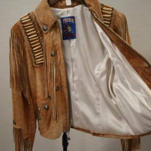 Tribe America Tan Genuine Suede Leather, Fringe along the yoke and sleeves Sz 10 - Picture 8 of 14